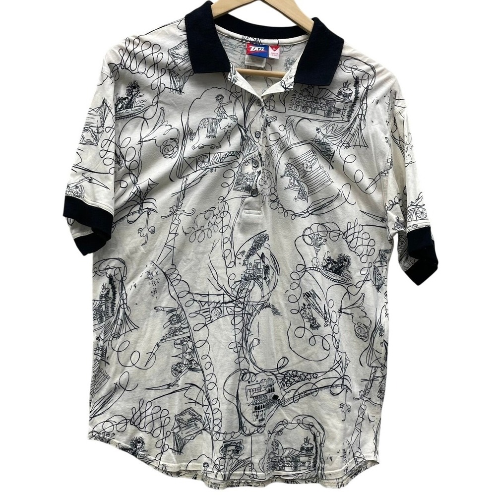 Vintage Tail Golf Polo Shirt XL Cream Black Sketch Print Circus  Made in‎ USA
